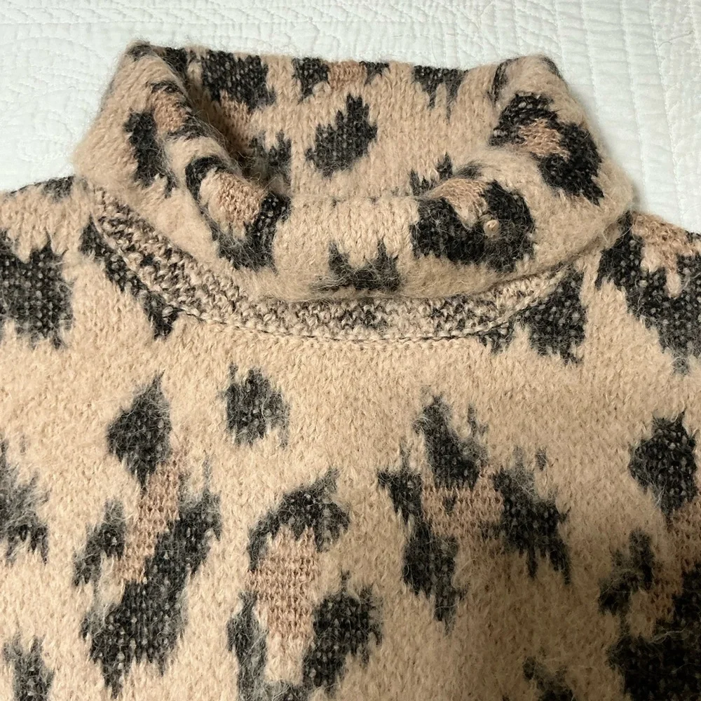 Kate Spade Leopard Print Chunky Sweater Alpaca Wool Oversized Mock Neck | XL